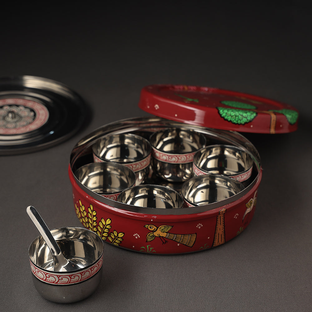  Odisha Pattachitra Painting Stainless Steel Red Masala Box