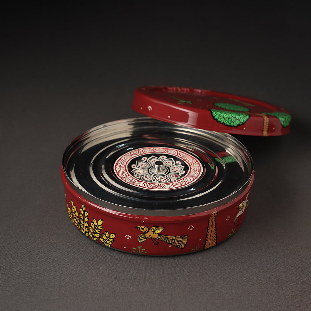  Odisha Pattachitra Painting Stainless Steel Red Masala Box