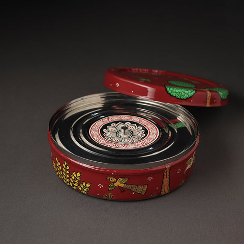  Odisha Pattachitra Painting Stainless Steel Red Masala Box