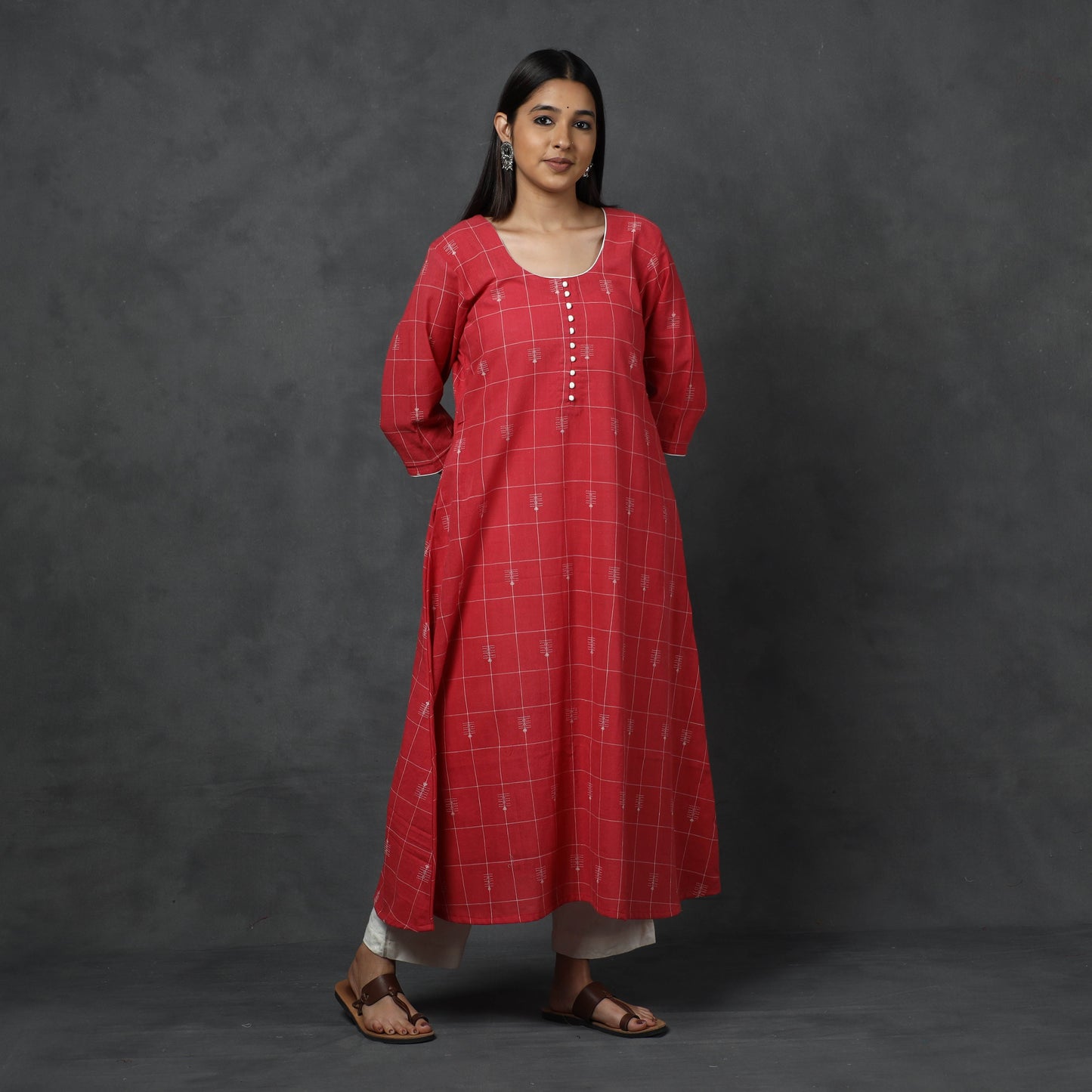 Organic Kala Cotton Handloom Checks Buti Long Kurta for Women