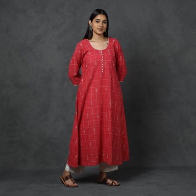 Organic Kala Cotton Handloom Checks Buti Long Kurta for Women