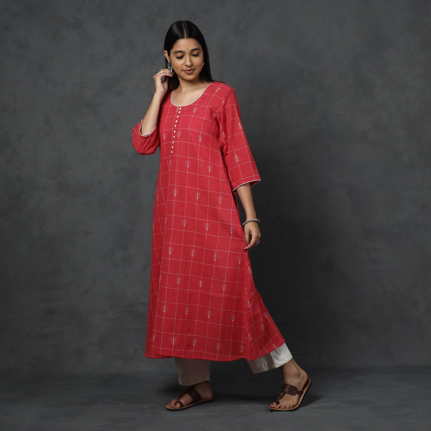 Organic Kala Cotton Handloom Checks Buti Long Kurta for Women