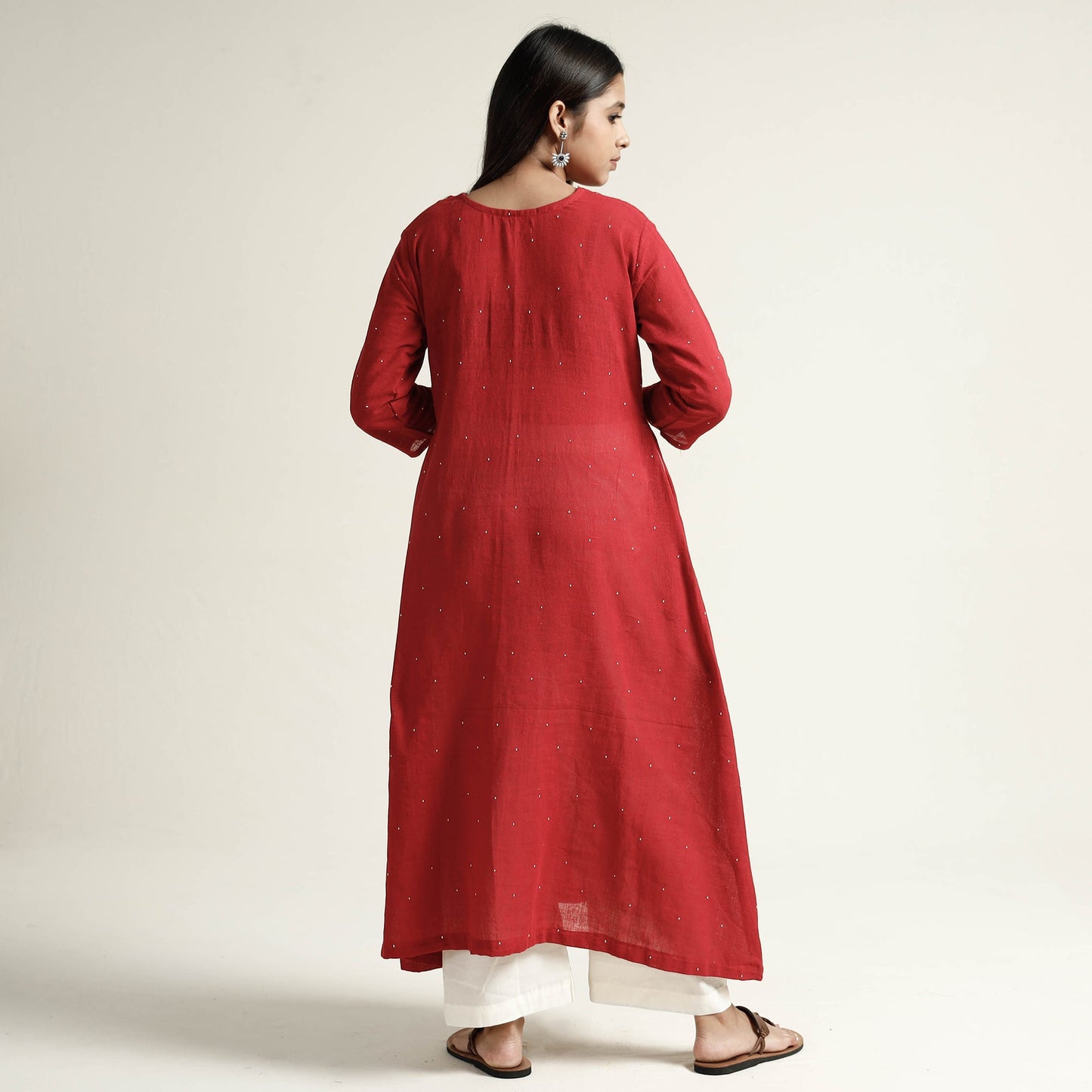 Red organic kala cotton handloom small buti long kurta