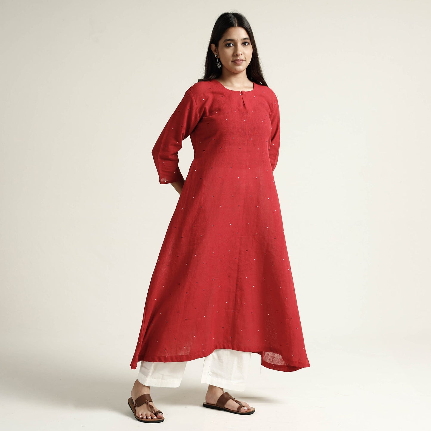 Red organic kala cotton handloom small buti long kurta