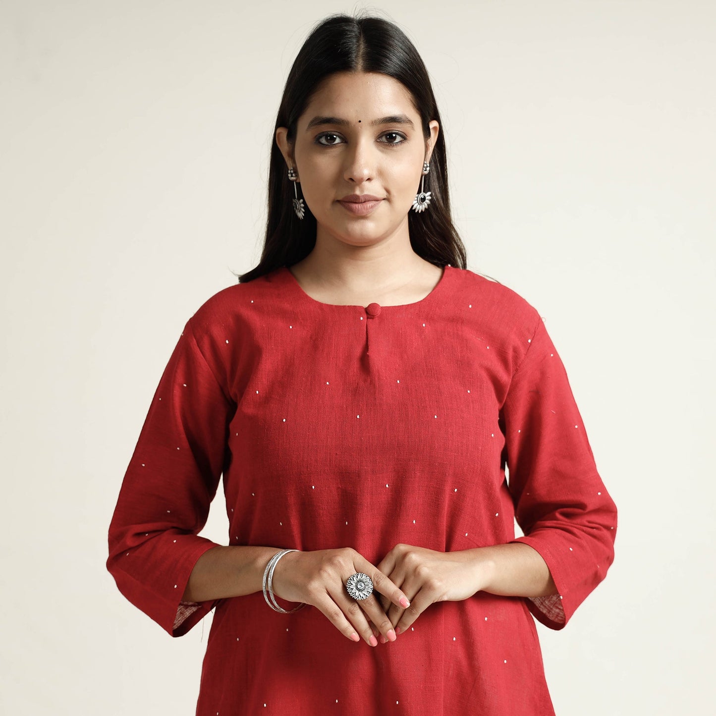 Red organic kala cotton handloom small buti long kurta