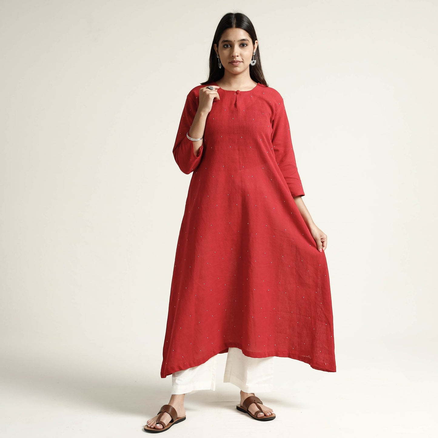 Red organic kala cotton handloom small buti long kurta