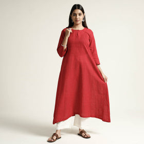 Red organic kala cotton handloom small buti long kurta