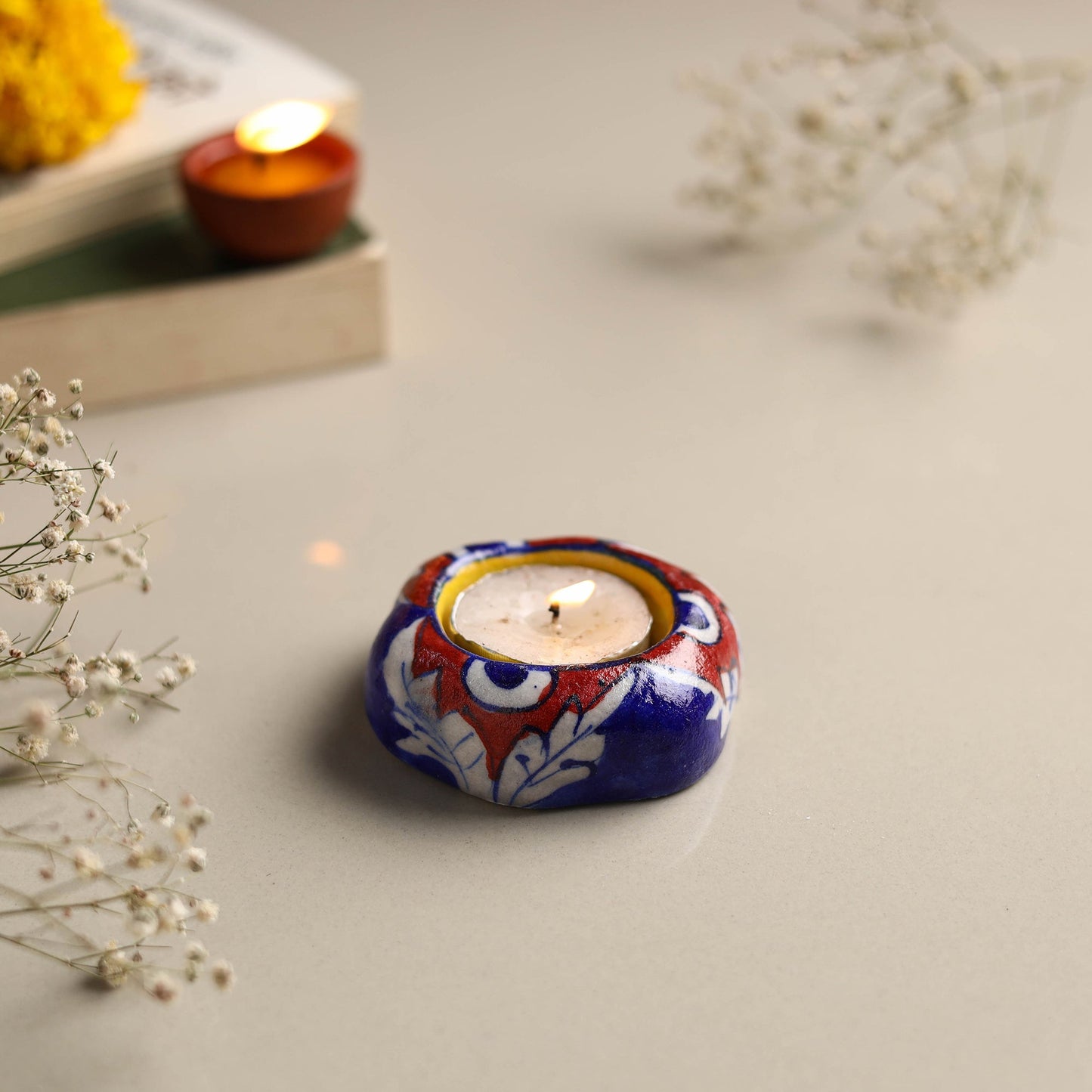  Original Blue Pottery Ceramic Tealight Candle Holder 