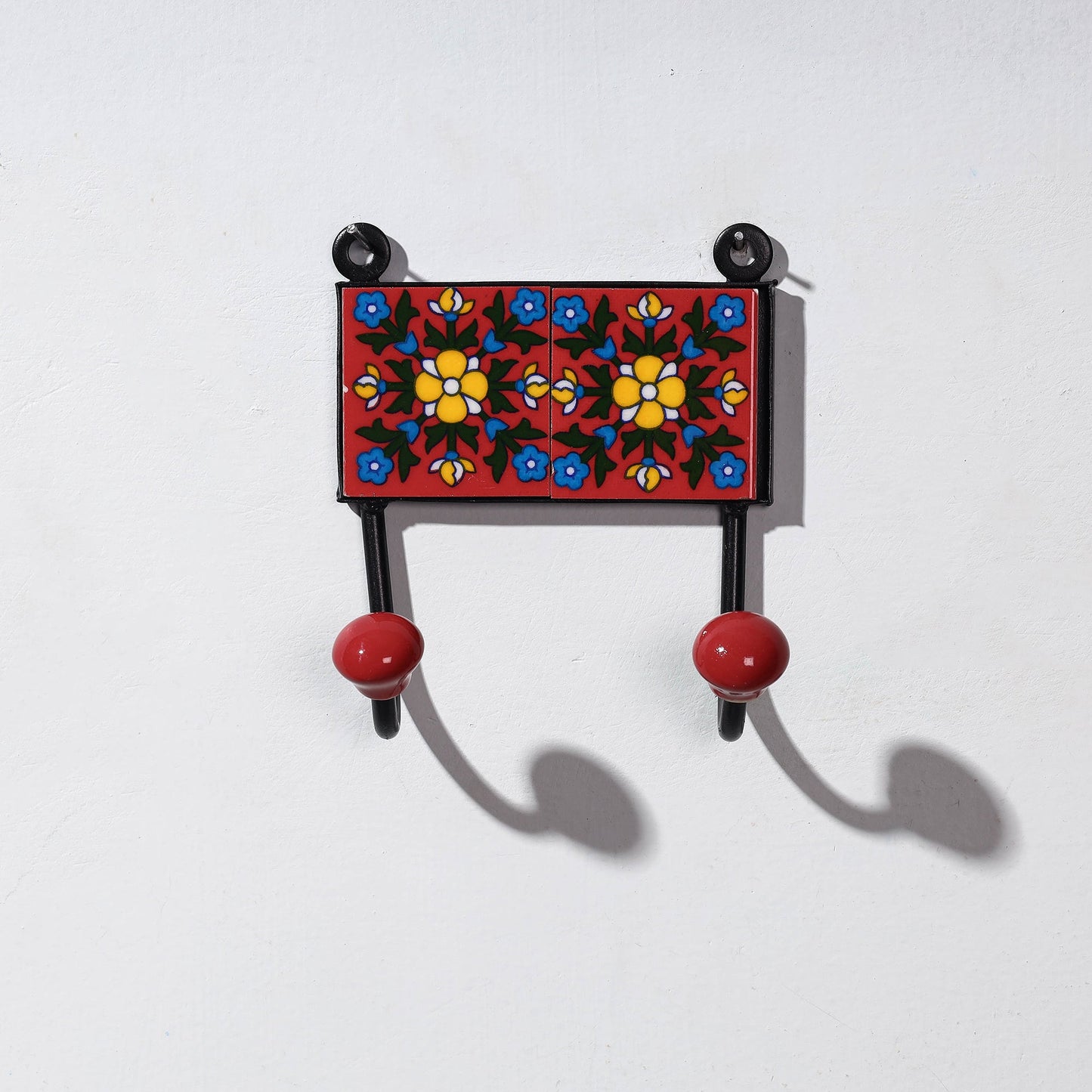  Original Blue Pottery Ceramic Tile Wall Hook Hanger (2 Peg) 