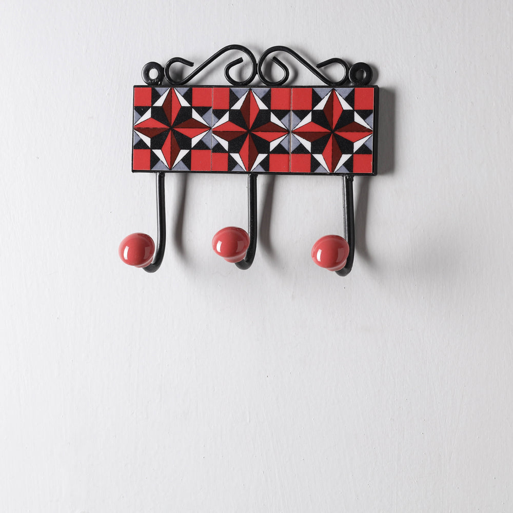  Original Blue Pottery Ceramic Tile Wall Hook Hanger (3 Peg) 