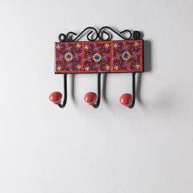  Original Blue Pottery Ceramic Tile Wall Hook Hanger (3 Peg) 