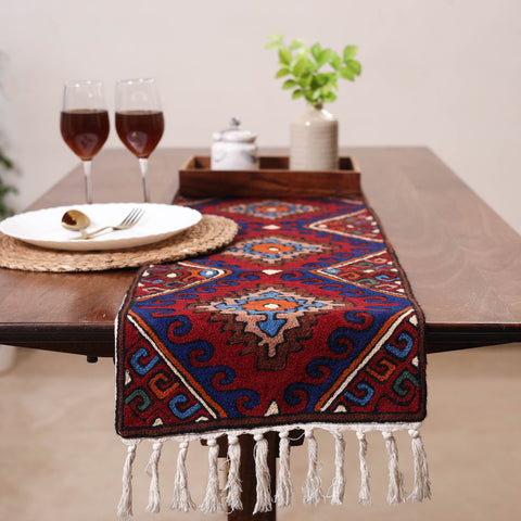 Red - original crewel wool hand embroidery table runner 01