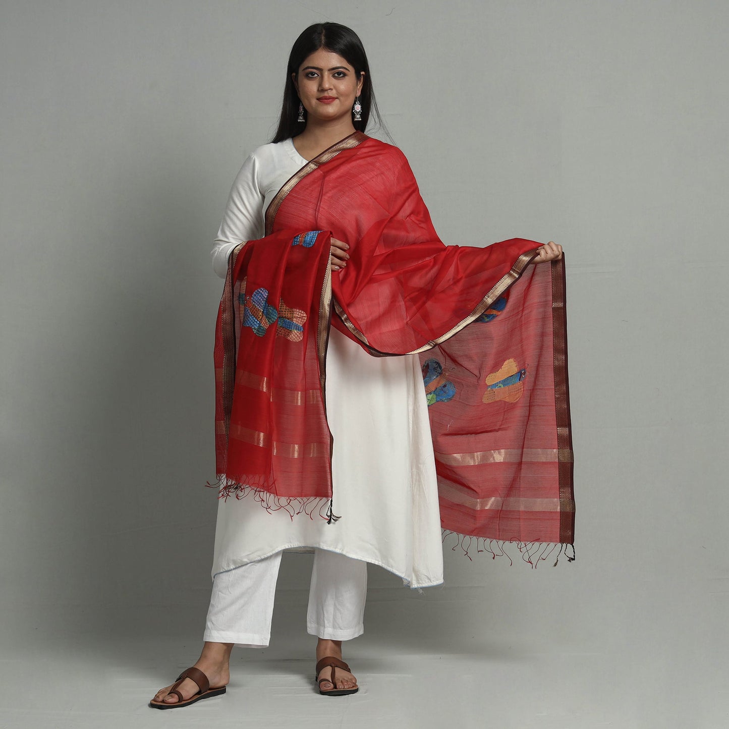 Red - Original Gond Handpainted Handloom Maheshwari Silk Zari Work Dupatta with Tassels