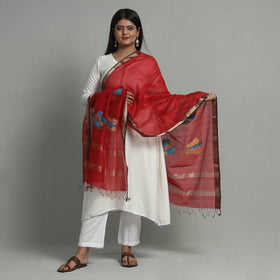 Red - Original Gond Handpainted Handloom Maheshwari Silk Zari Work Dupatta with Tassels