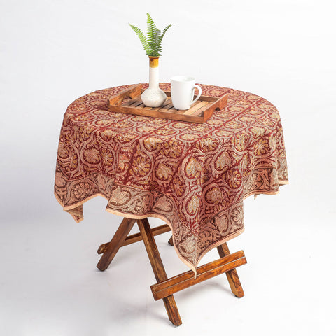 Red Pedana Kalamkari Block Print Cotton Table Cover