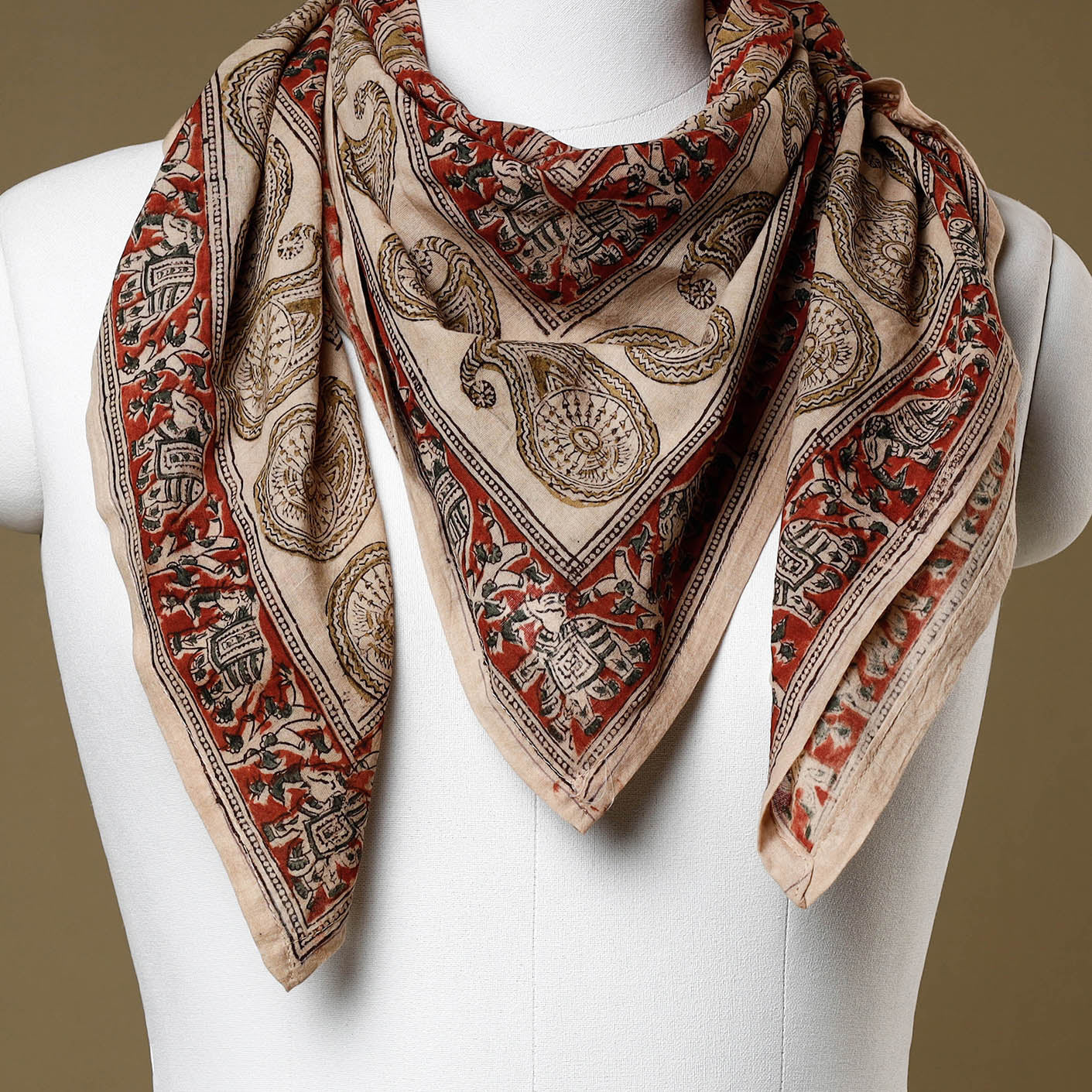 Red Original Pedana Kalamkari Block Printed Cotton Scarf 