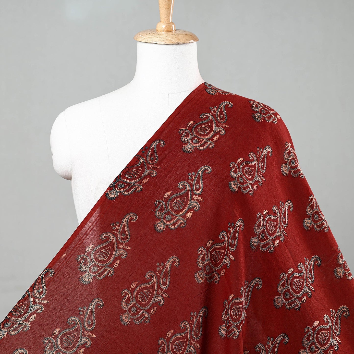 Red Paisley Block Print Mul Cotton Ajrakh Fabric