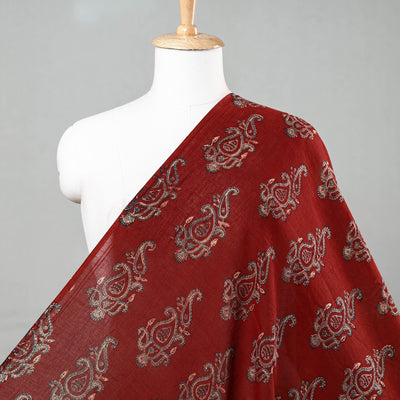 Red Paisley Block Print Mul Cotton Ajrakh Fabric