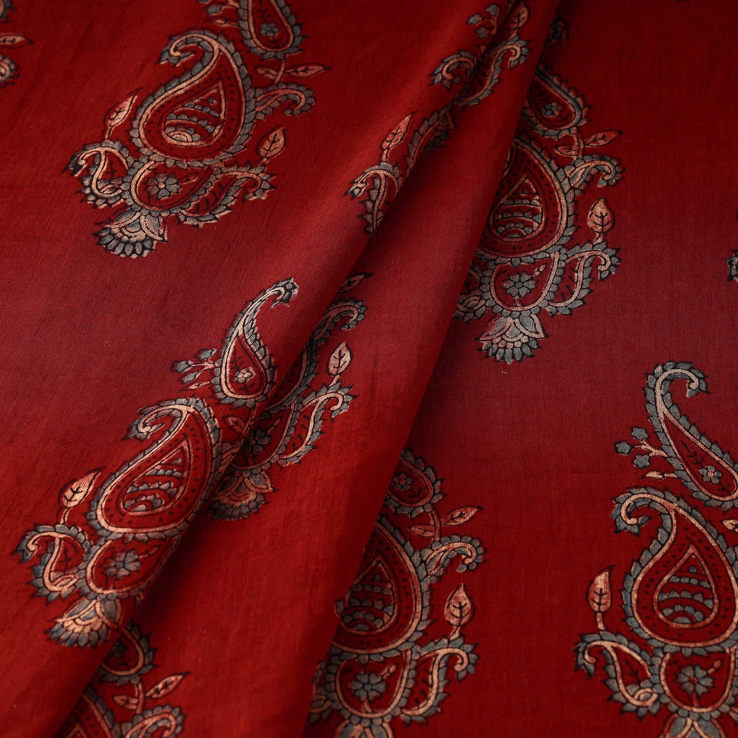 Red Paisley Block Print Mul Cotton Ajrakh Fabric