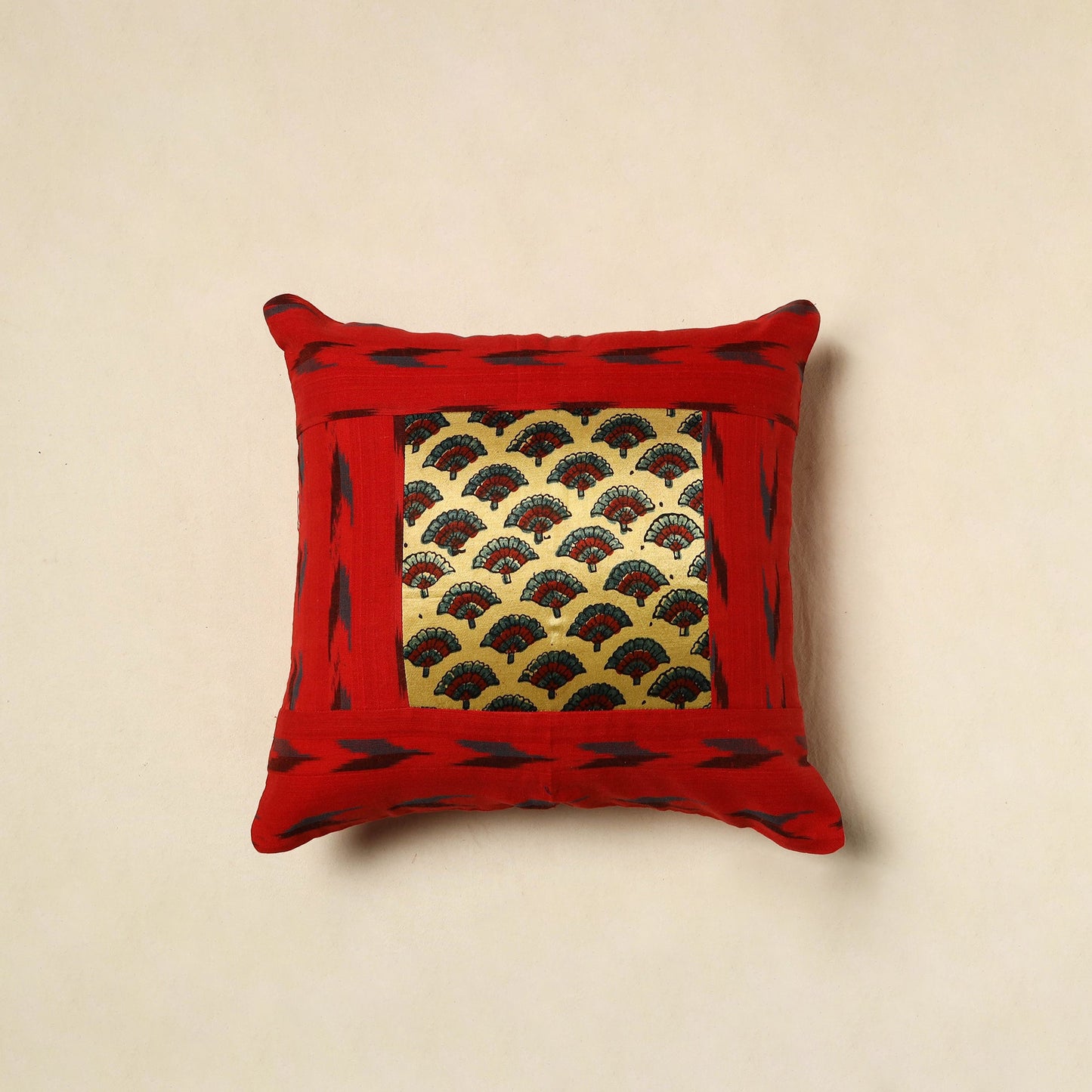 Red Ajrakh Patch Ikat Cushion Cover