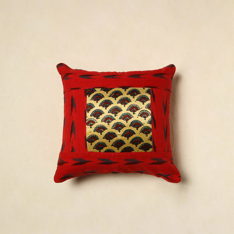 Red Ajrakh Patch Ikat Cushion Cover