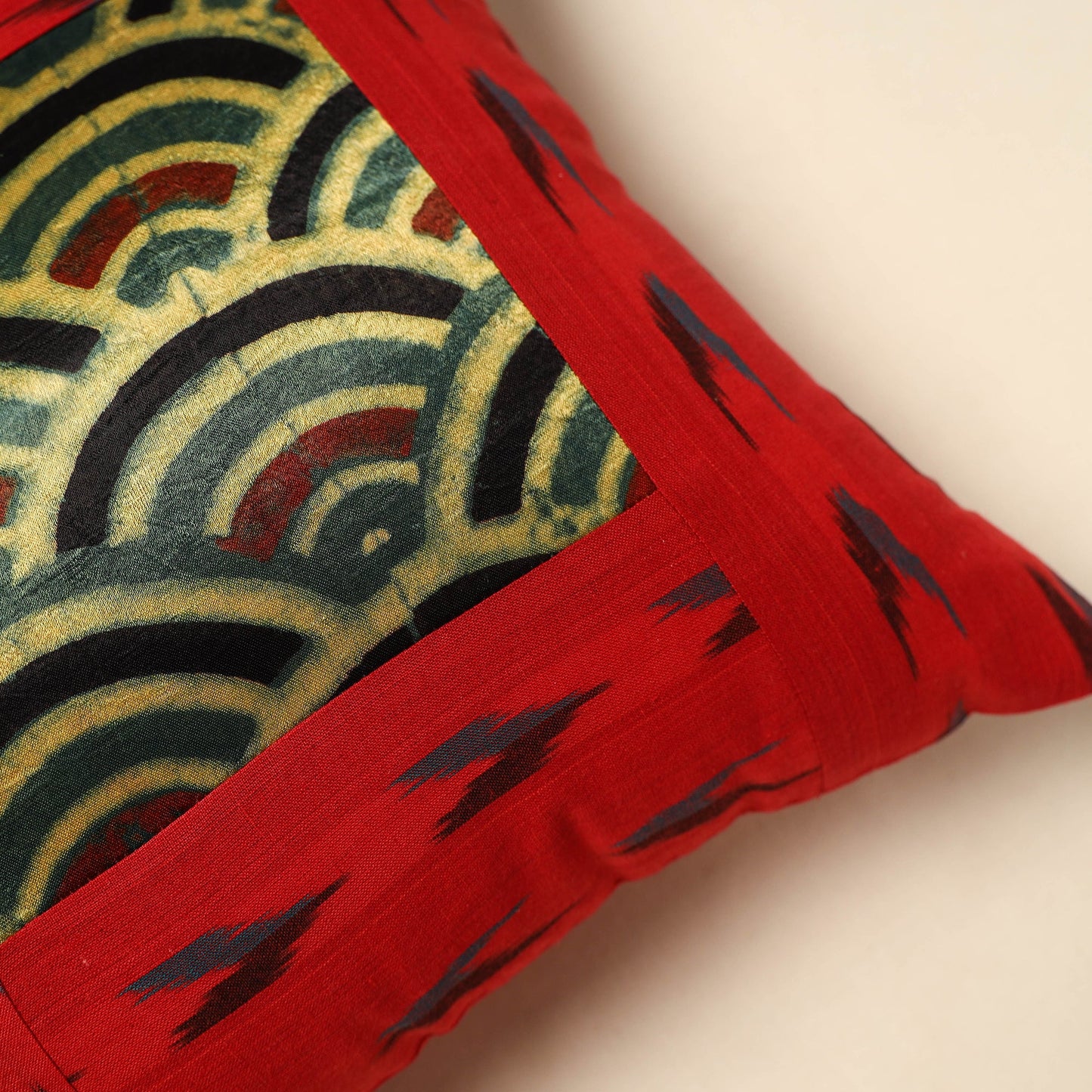 Red Ajrakh Patch Ikat Cushion Cover