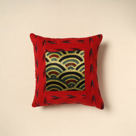 Red Ajrakh Patch Ikat Cushion Cover