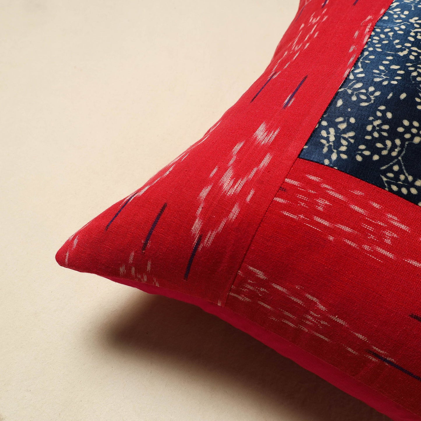 Red Ajrakh Patch Ikat Cushion Cover