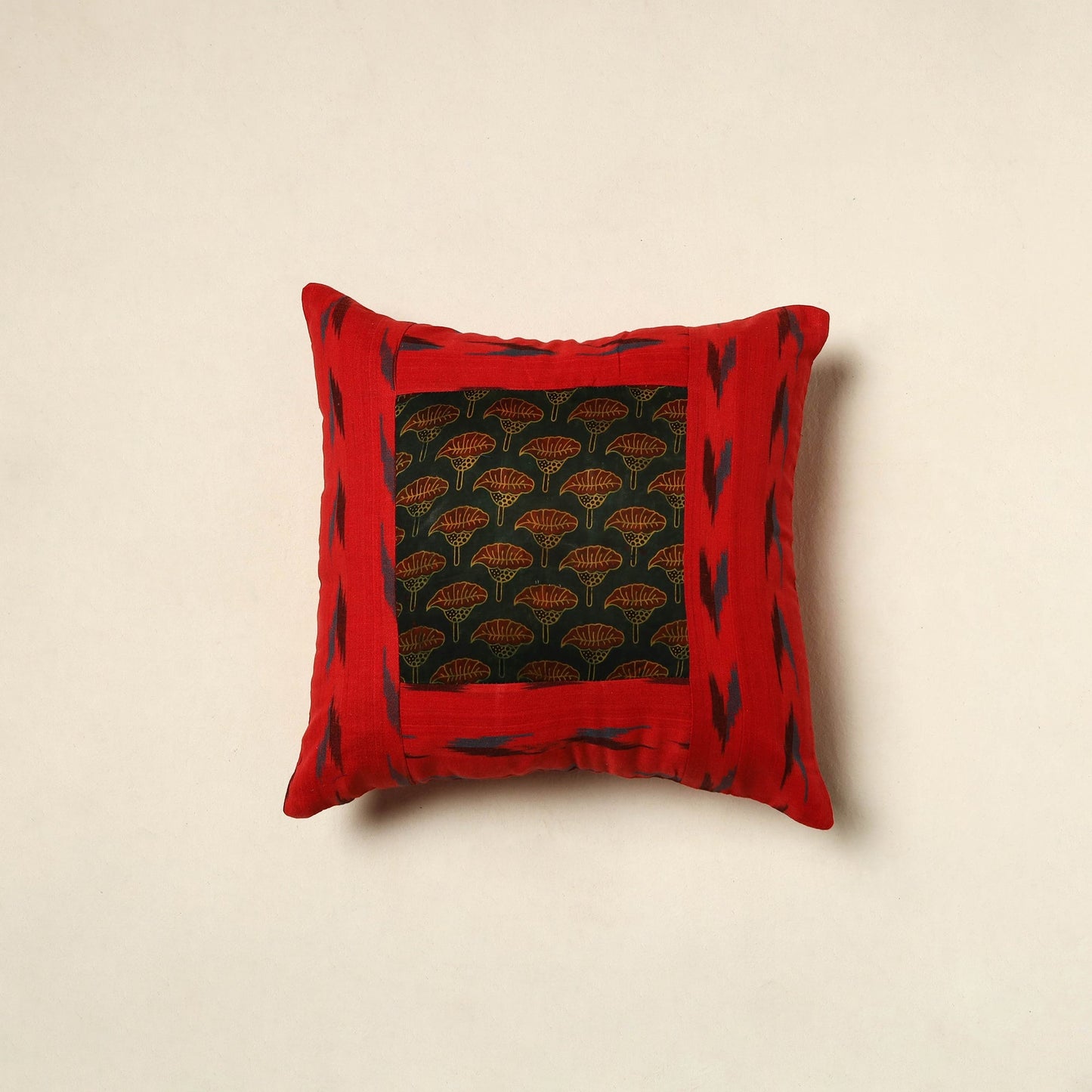 Red Ajrakh Patch Ikat Cushion Cover