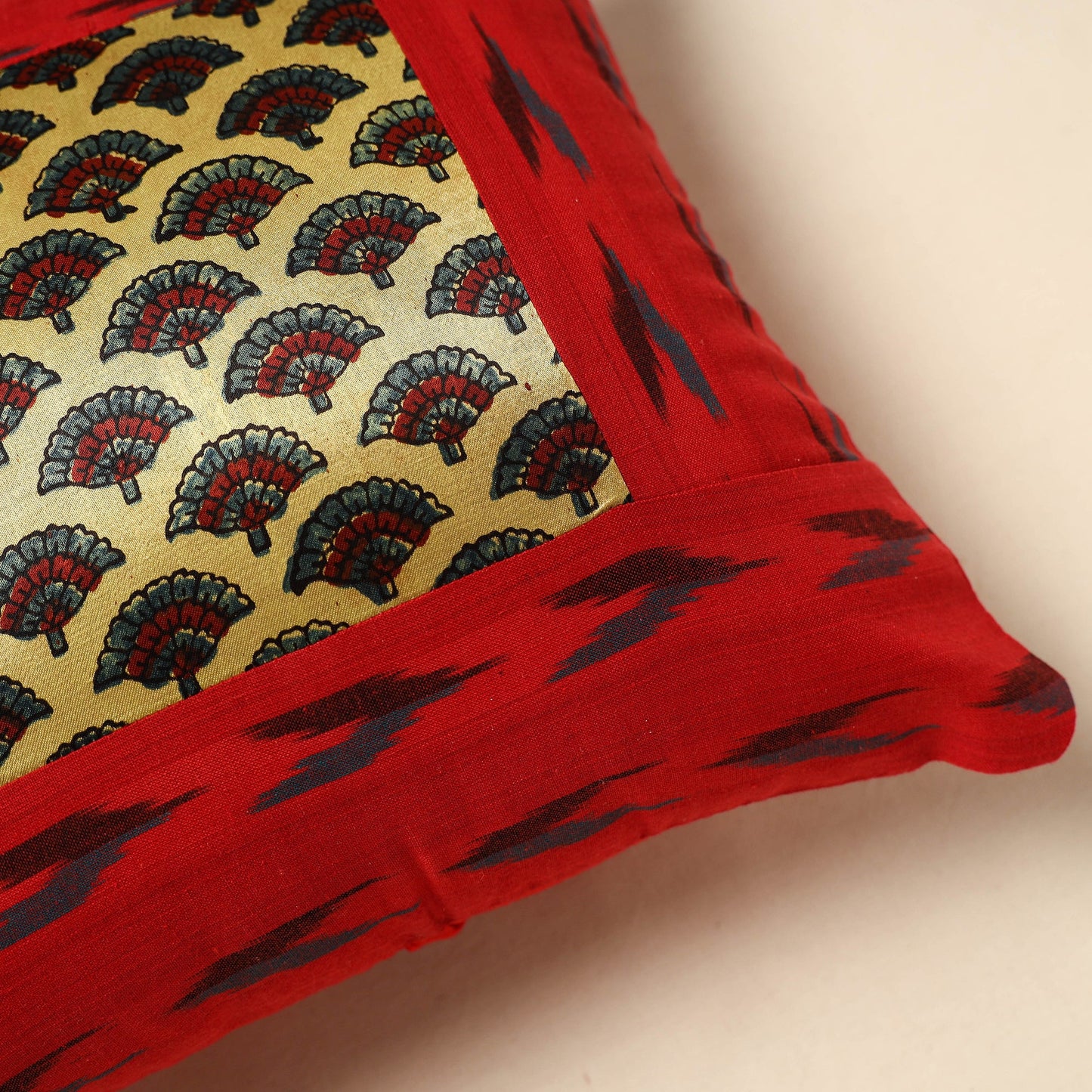 Red Ajrakh Patch Ikat Cushion Cover