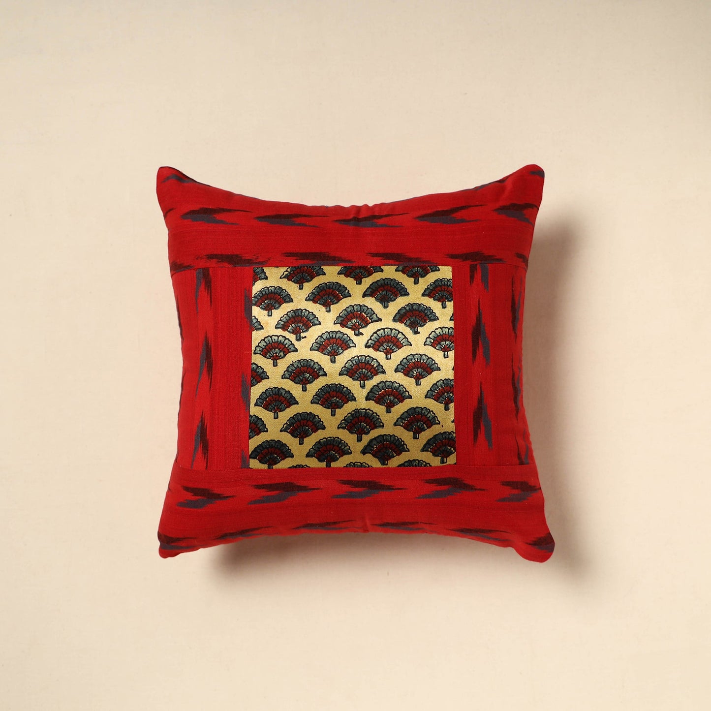 Red Ajrakh Patch Ikat Cushion Cover