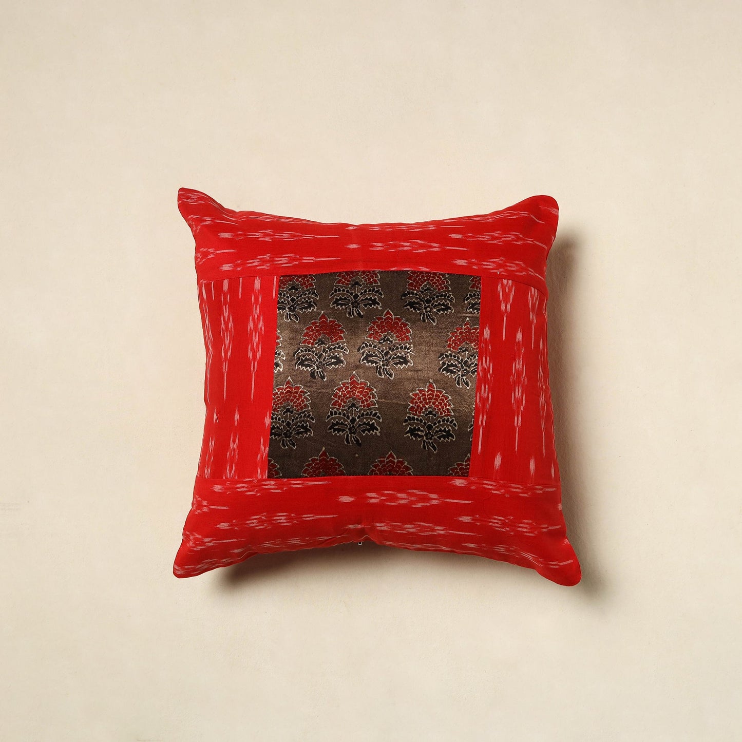 Buy Red Ajrakh Patch Ikat Cushion Cover
