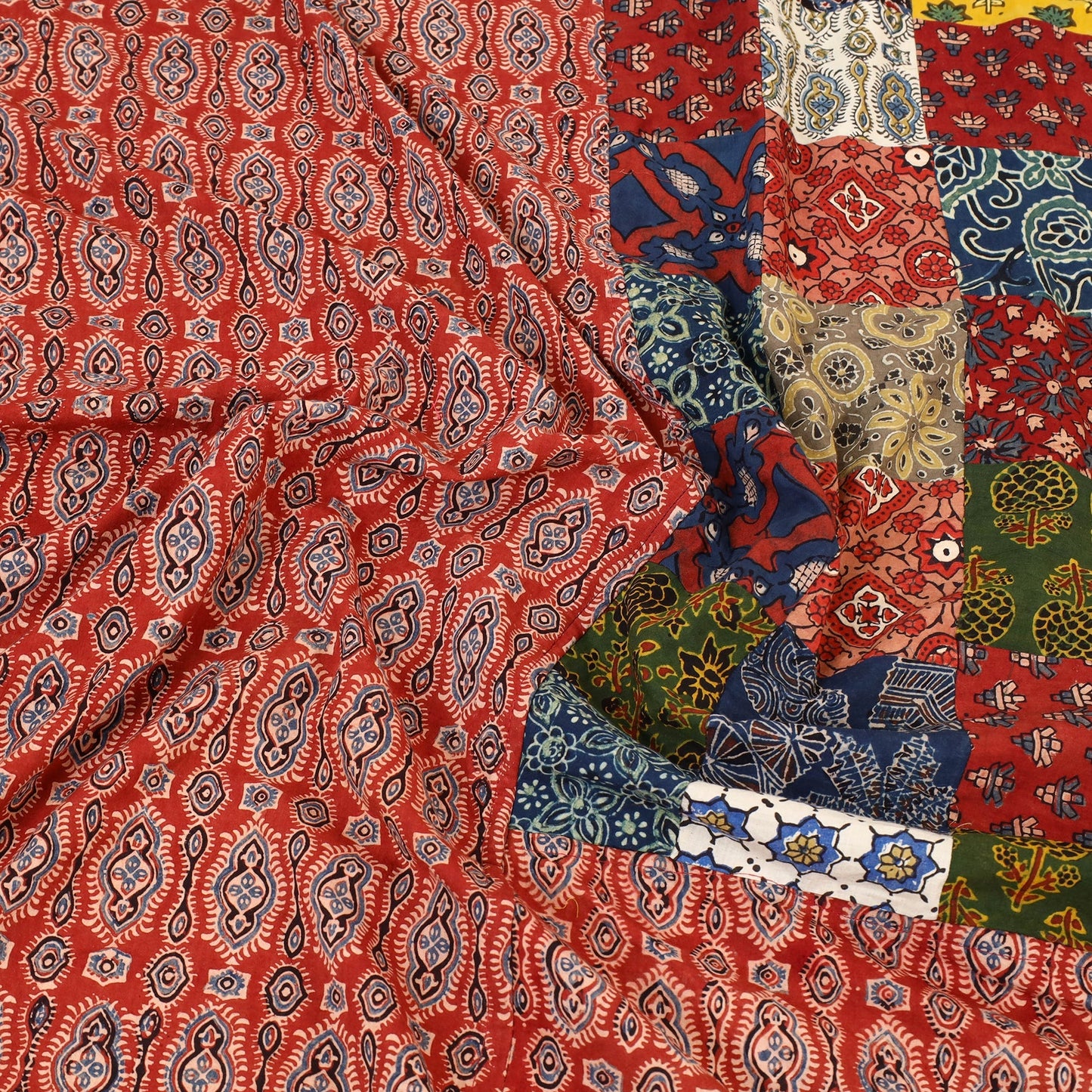 Red - Patchwork Block Print Ajrakh Cotton Double Bed Sheet Set 02