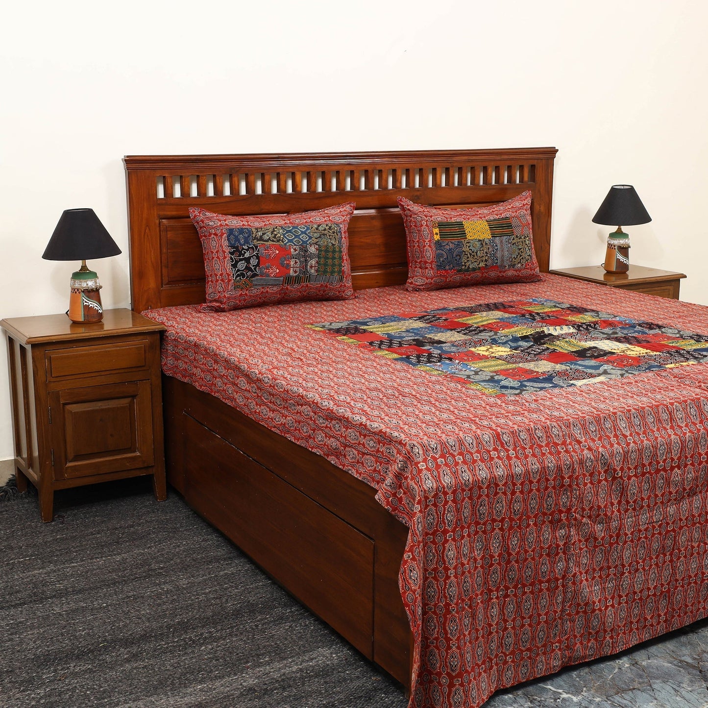 Red - patchwork cotton double bed sheet set 02 - handcrafted