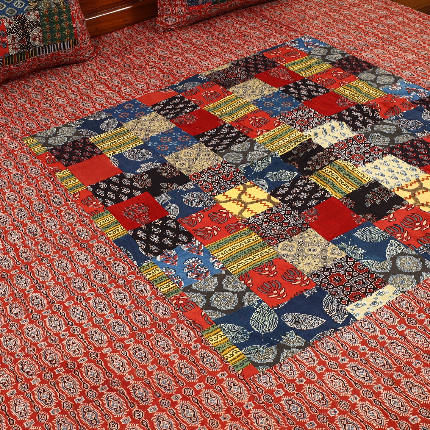 Red - patchwork cotton double bed sheet set 02 - handcrafted