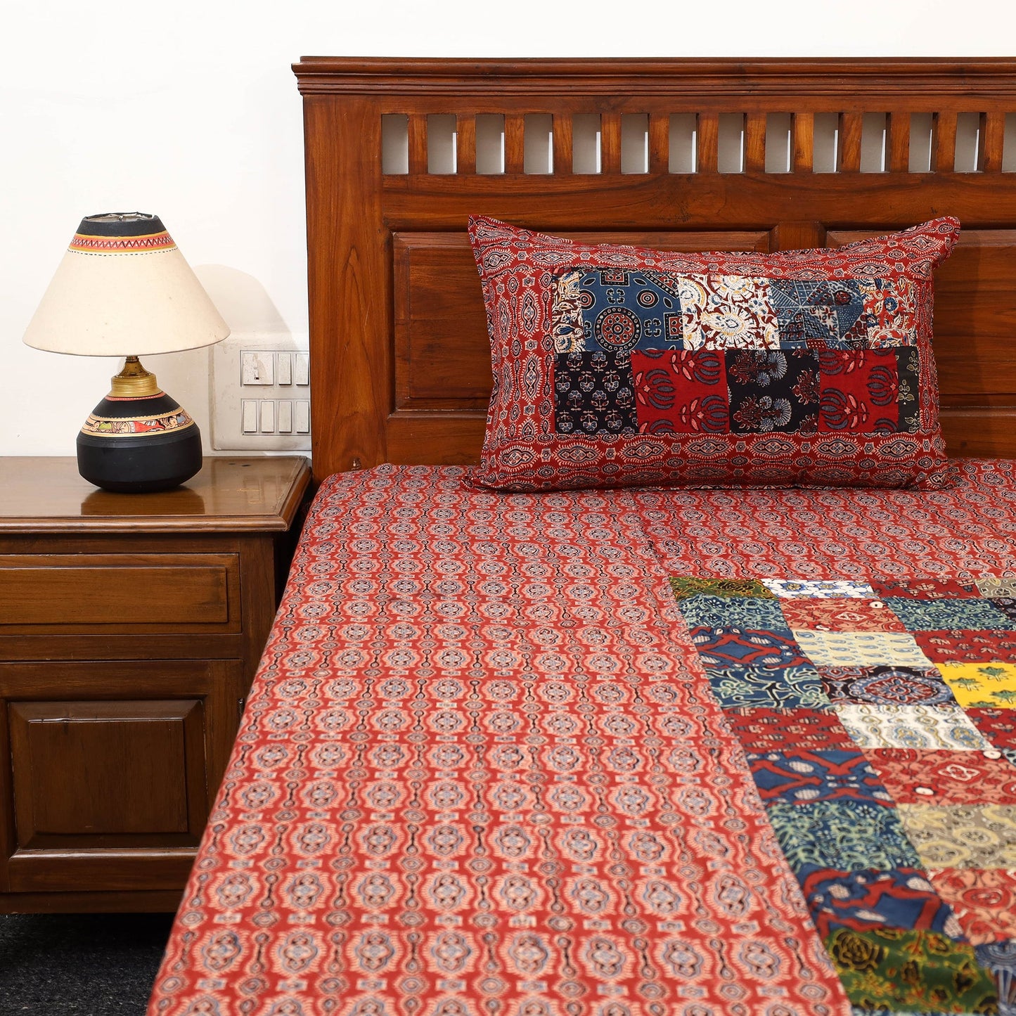 Red - Patchwork Block Print Ajrakh Cotton Double Bed Sheet Set 02
