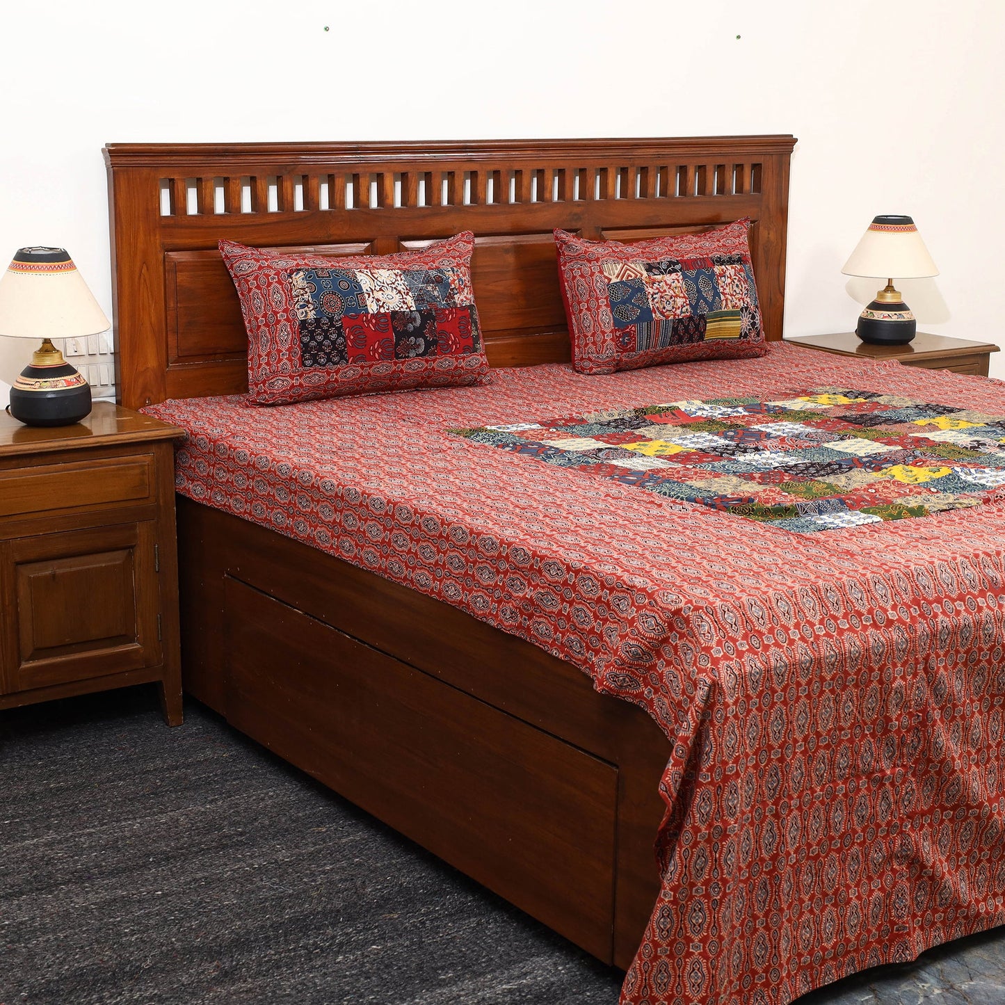 Red - Patchwork Block Print Ajrakh Cotton Double Bed Sheet Set 02