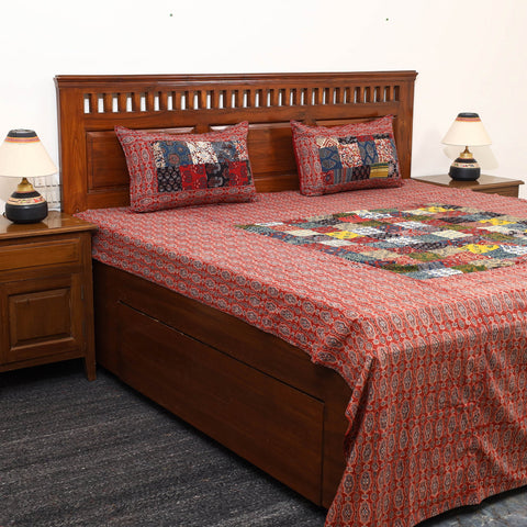 Red - Patchwork Block Print Ajrakh Cotton Double Bed Sheet Set 02