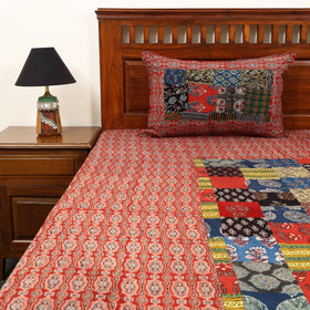 Red - patchwork cotton double bed sheet set 02 - handcrafted