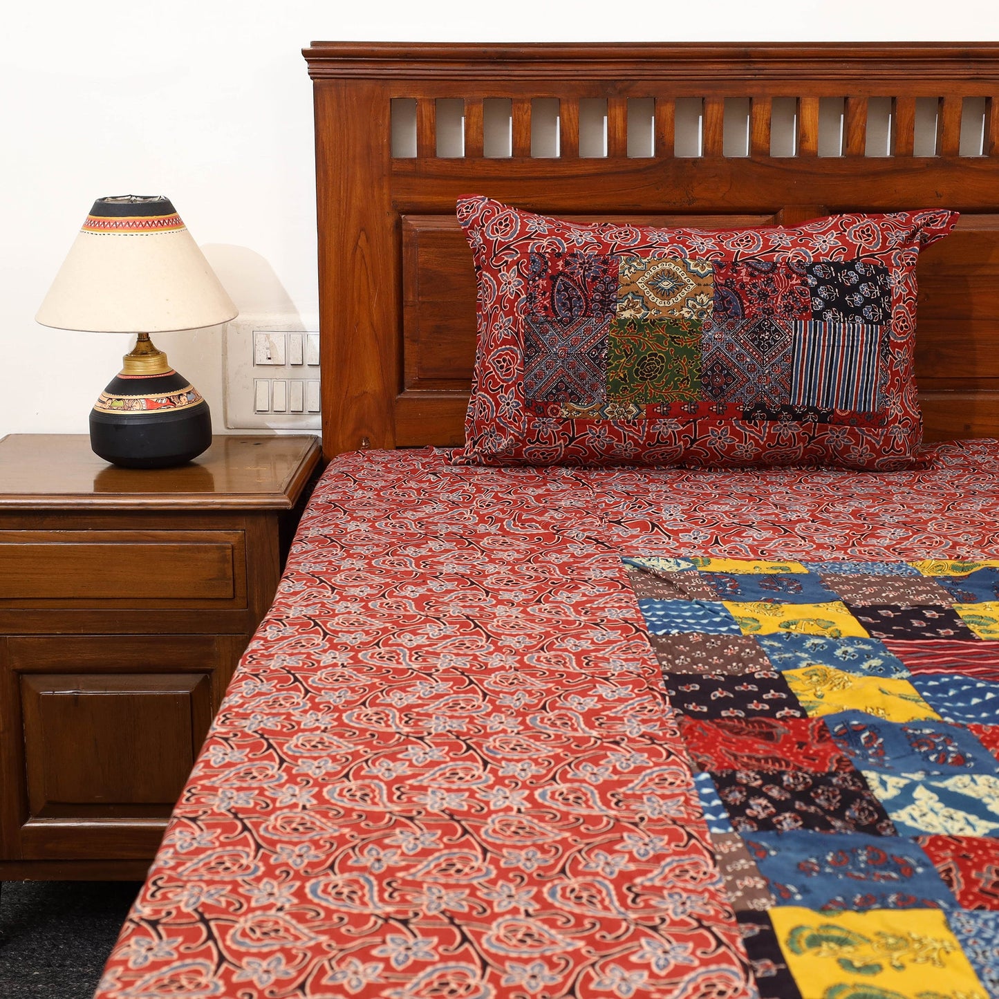 Red - Patchwork Block Print Ajrakh Cotton Double Bed Sheet Set 11