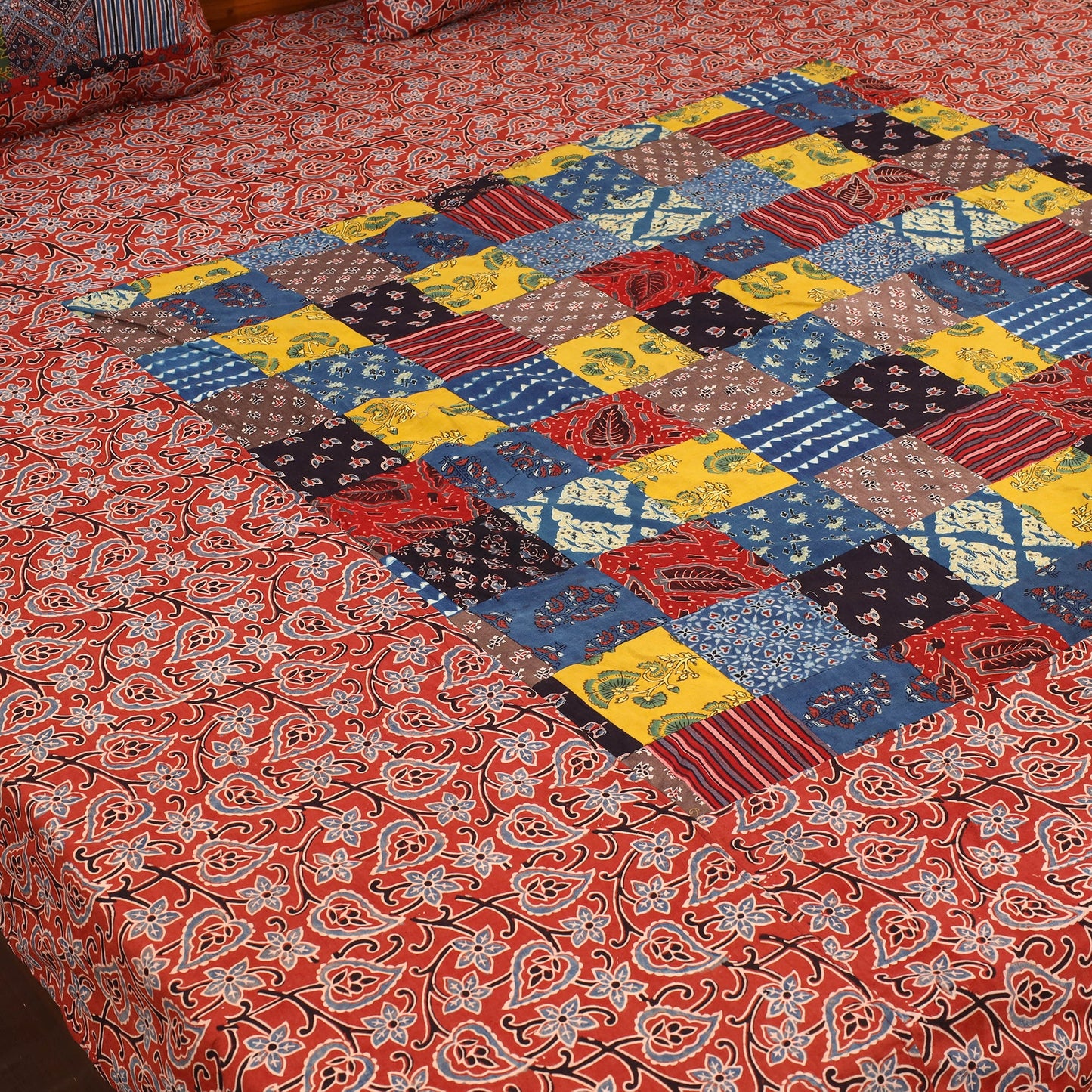 Red - Patchwork Block Print Ajrakh Cotton Double Bed Sheet Set 11