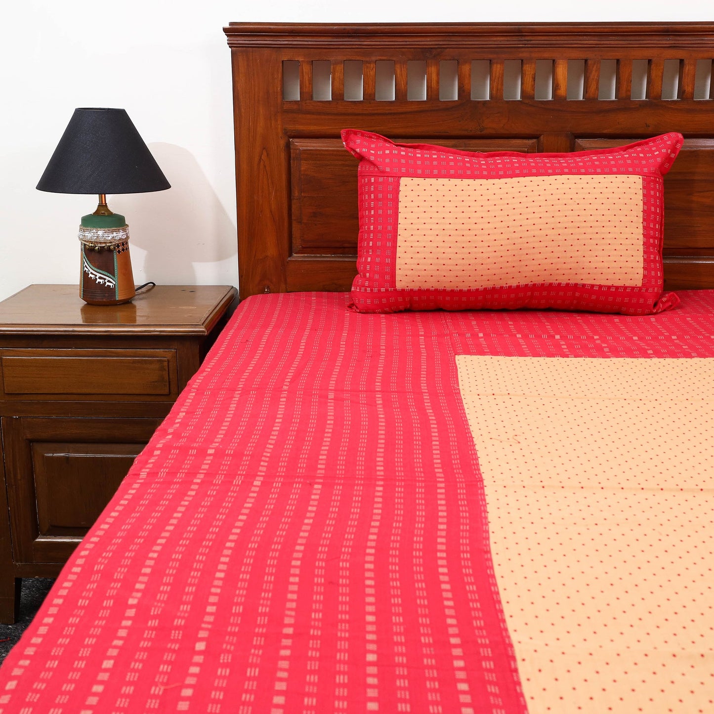 Red - patchwork cotton double jacquard bed sheet set 06