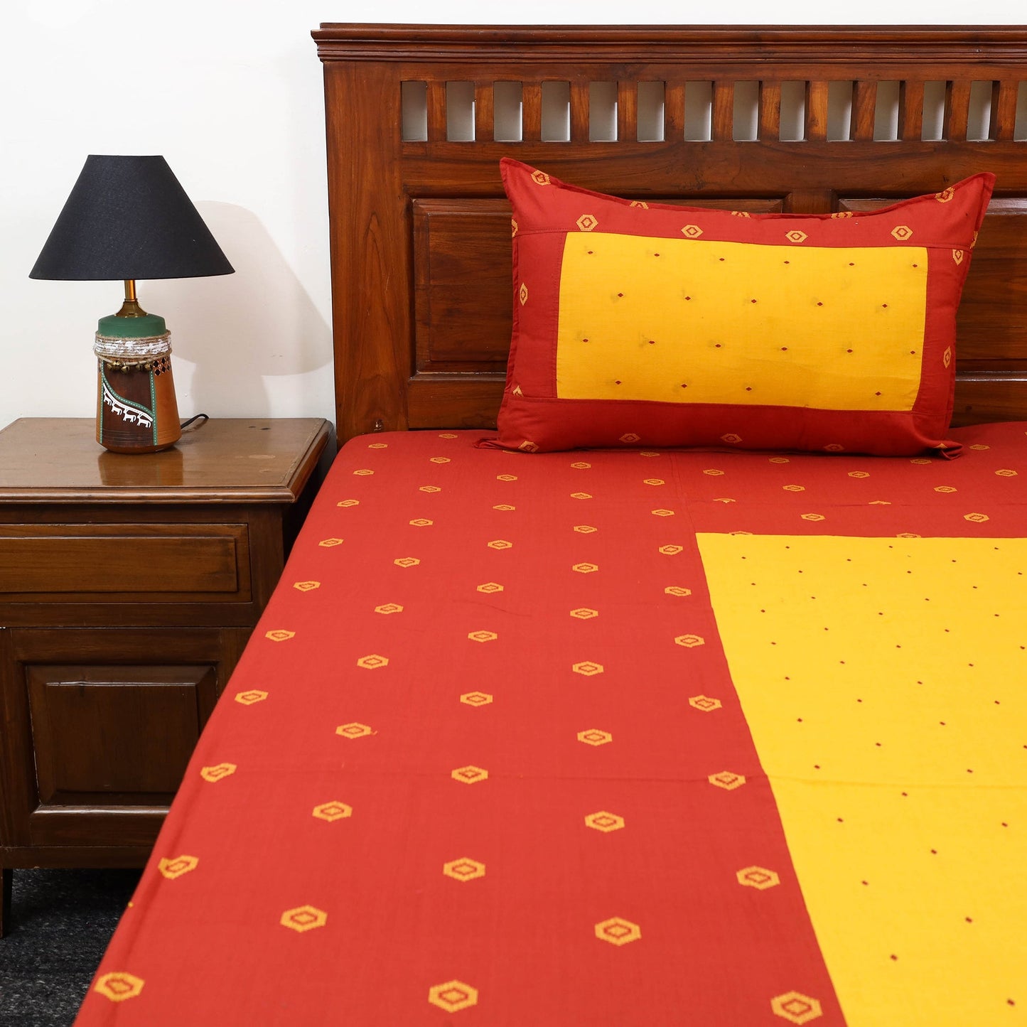 Buy Red Patchwork Cotton Double Jacquard Bed Sheet Set