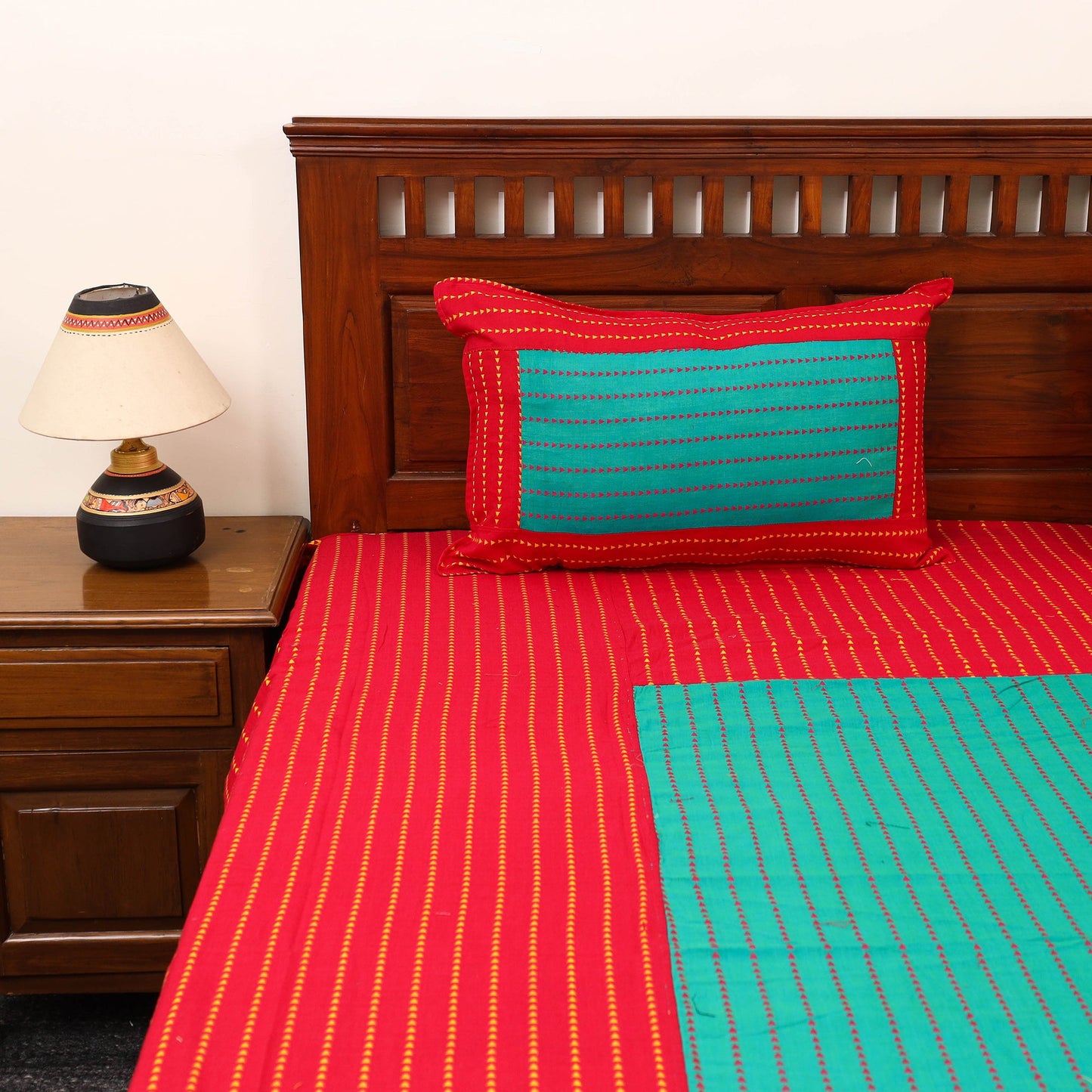 Red - patchwork cotton double jacquard bedsheet set 17