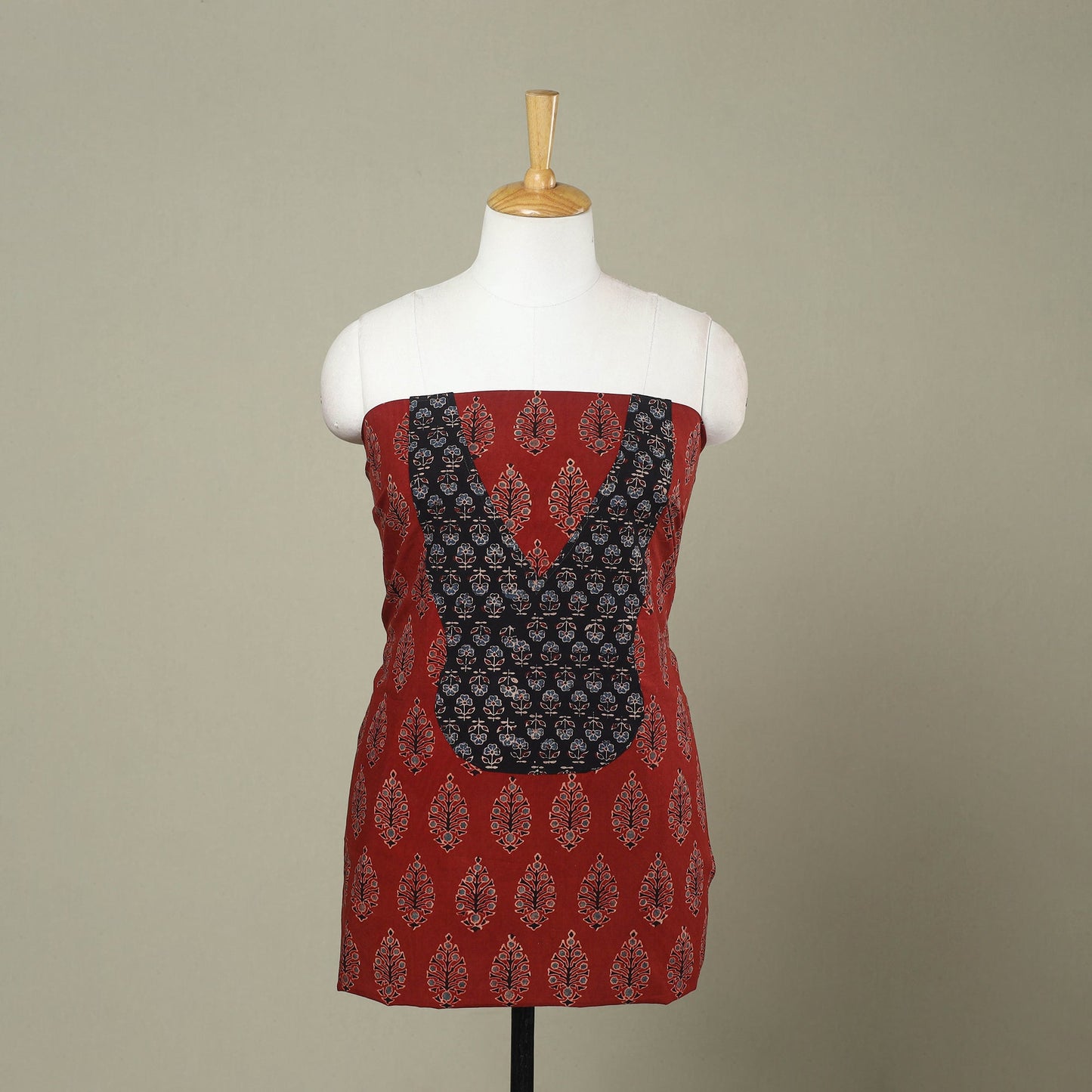 Buy Red Ajrakh Print Patchwork Cotton Kurta Material