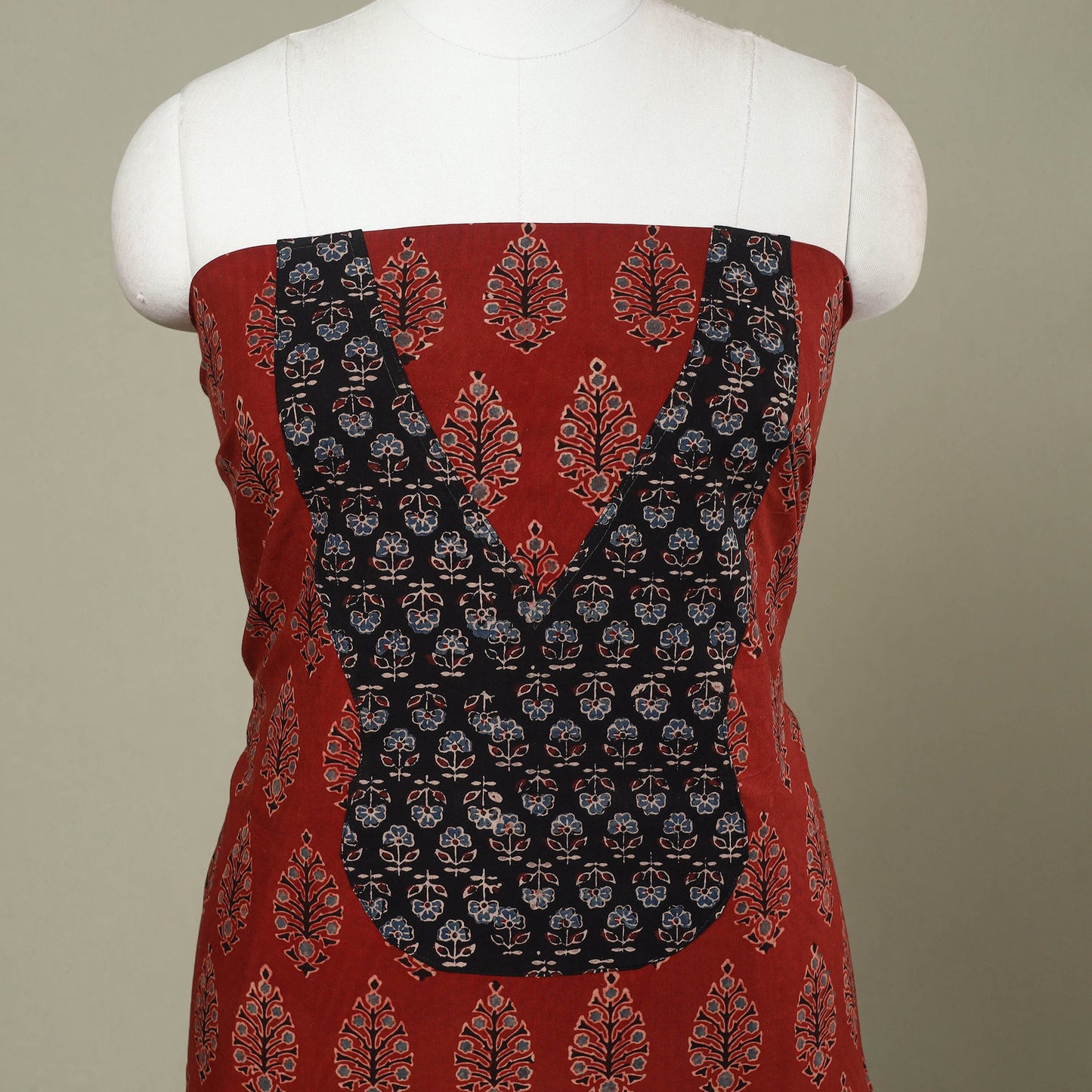 Buy Red Ajrakh Print Patchwork Cotton Kurta Material