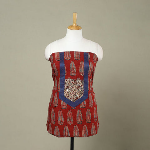 Buy Red Ajrakh Print Patchwork Cotton Kurta Material