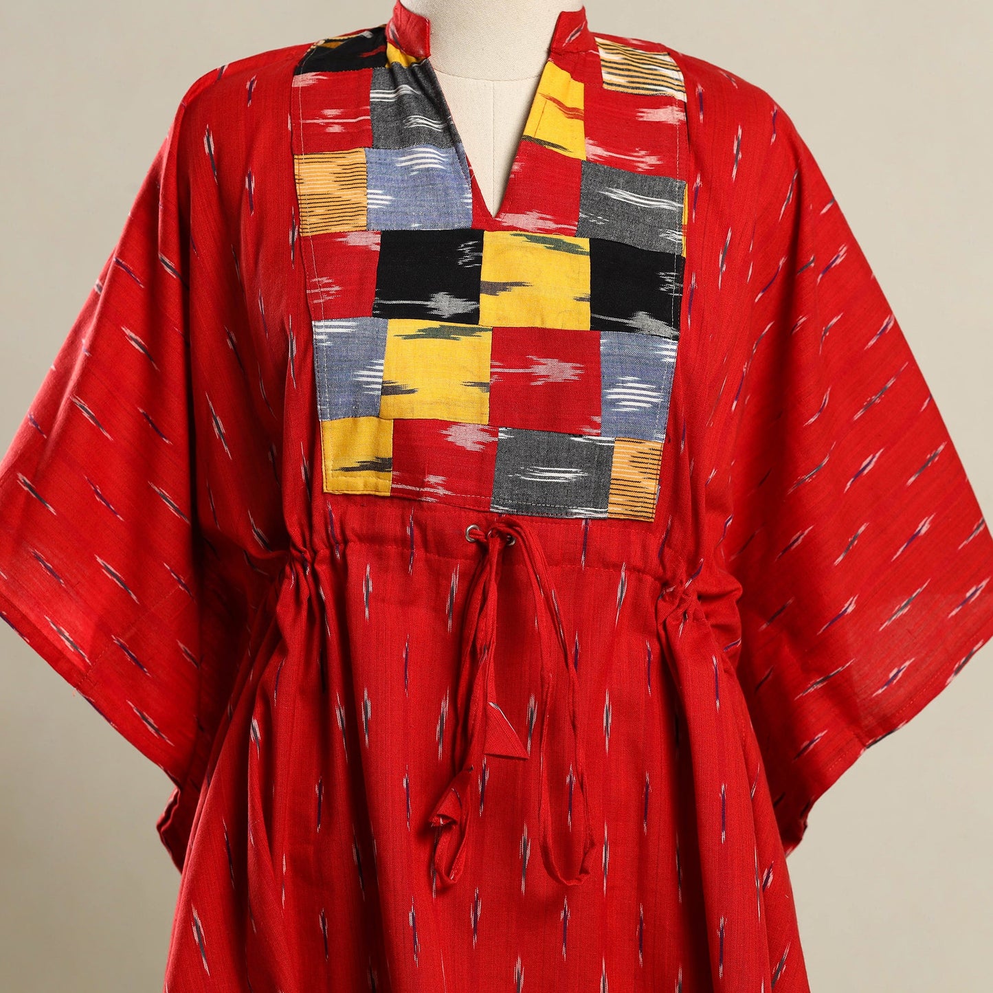 Red - patchwork pochampally ikat cotton kaftan (short) 07