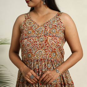 Pedana Block Print Mul Cotton Tiered Red Kalamkari Dress