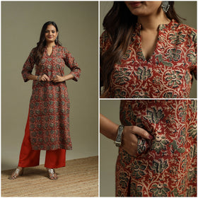Red - pedana natural dyed cotton straight kalamkari kurta